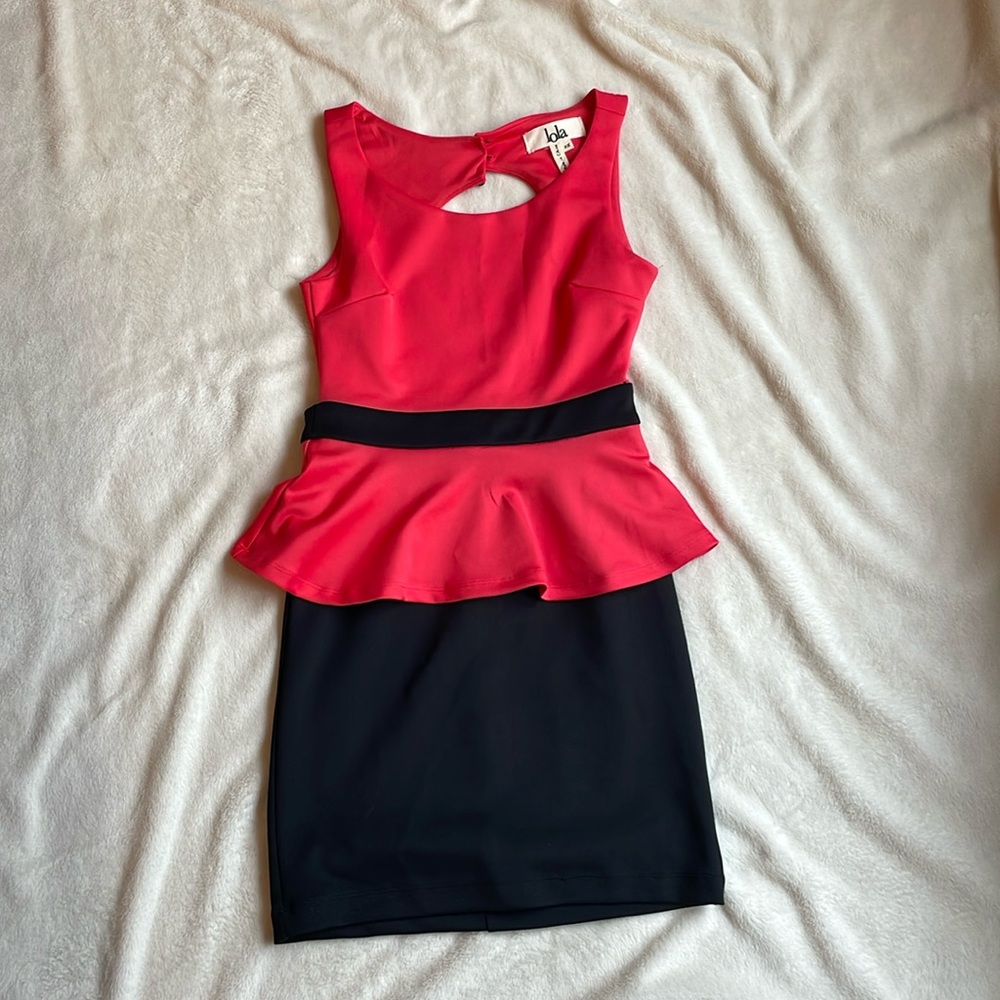 Lola Coral and Black Peplum Mini Cocktail Dress Open Back